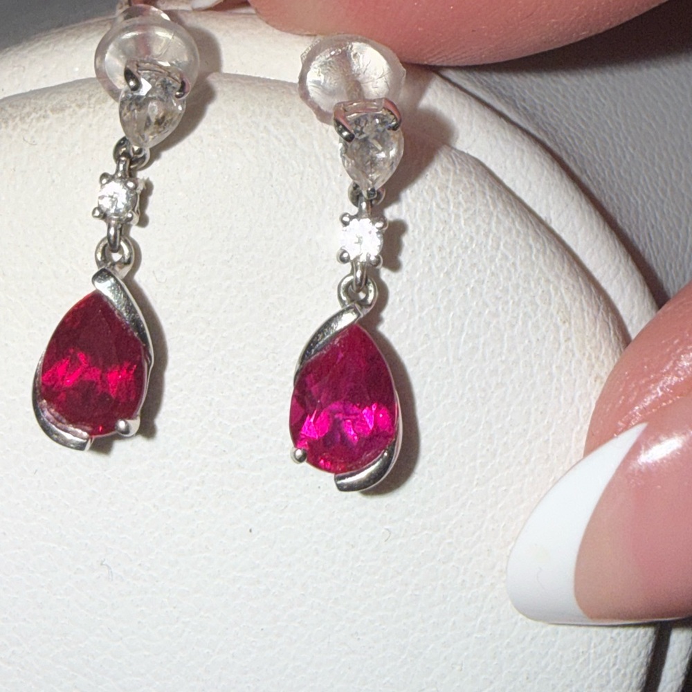 Authentic Genuine Ruby & Diamond Drop Earrings w/ Certificate 14K Gold - Picture 9 of 16